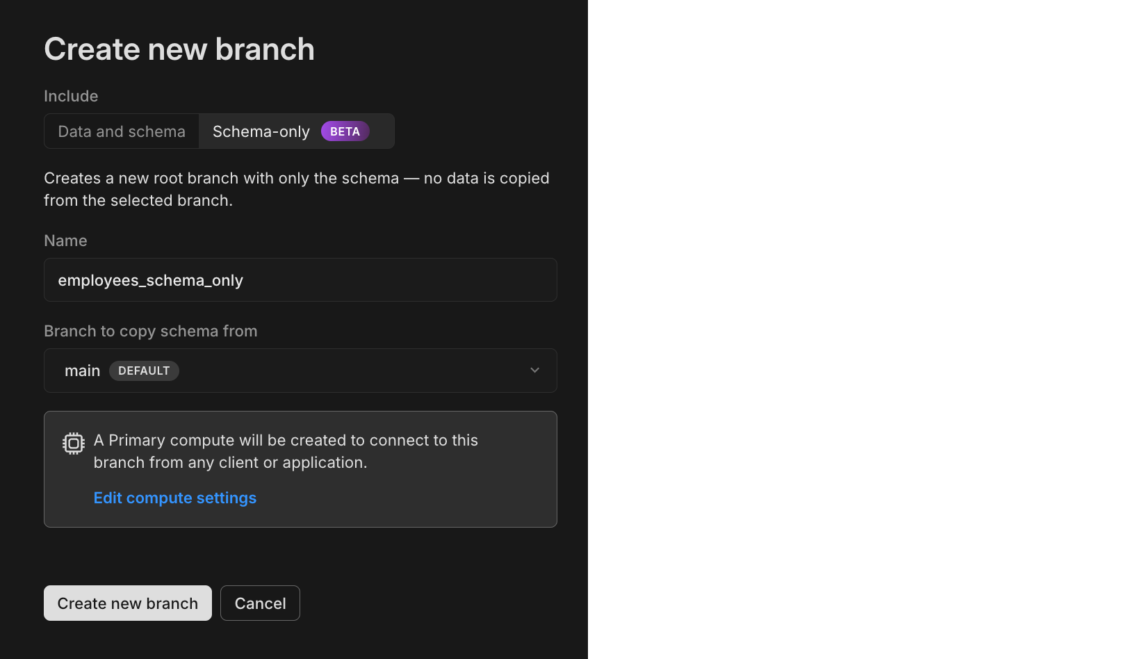 schema-only branch creation