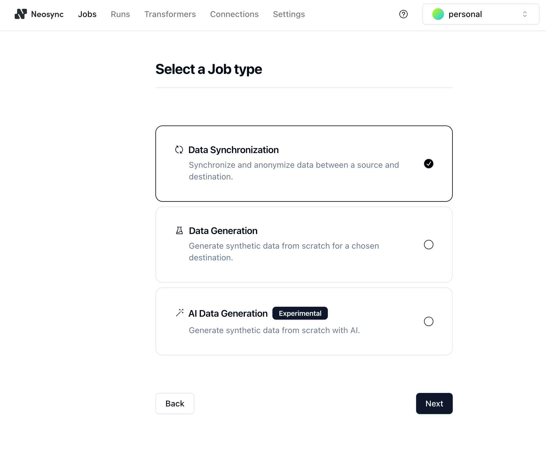 Select Neosync job type
