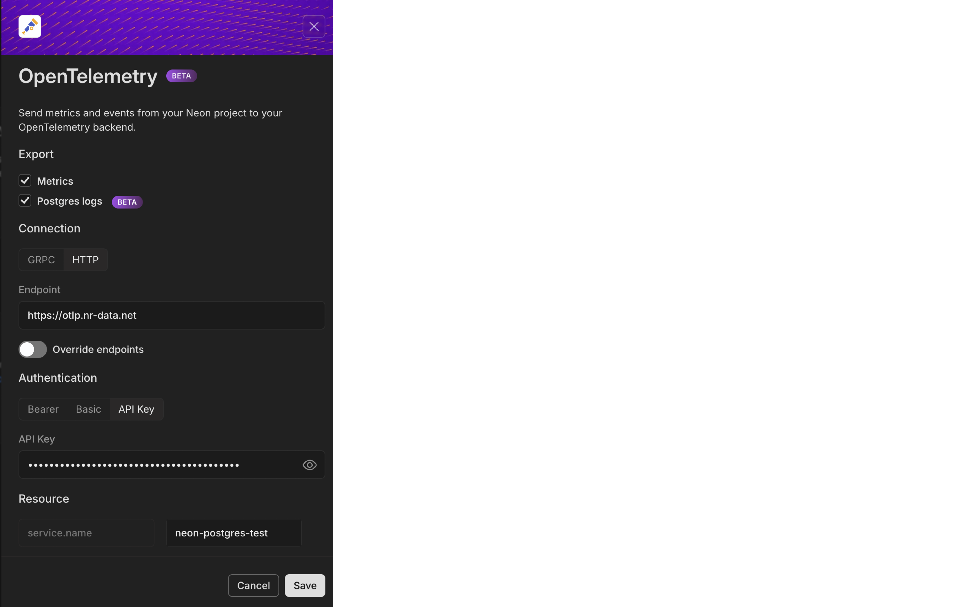 OpenTelemetry integration configuration form